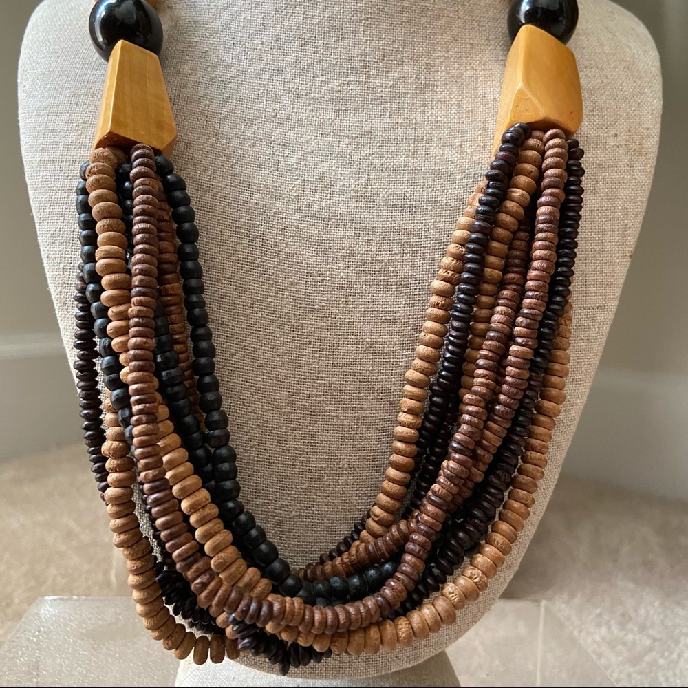 Brown tan wood beaded multi strand necklace - Picture 11 of 11